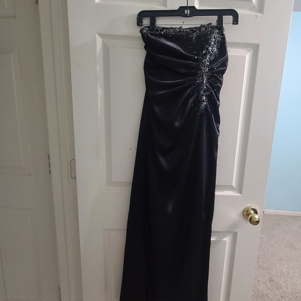 Black, White & Silver Satin Prom Dress applique detail